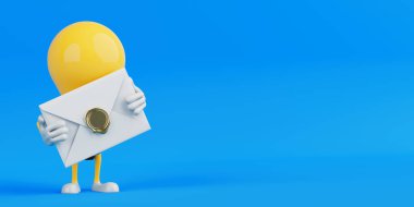 Özel İletişim Konsepti. Ampul Karakteri Mavi Arkaplanda Altın Damgalı Mühürlü Zarf. 3d Hazırlama