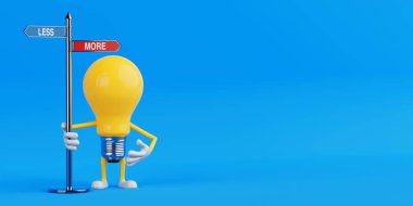 Karar Verme Kavramı. Ampul karakteri, üzerinde oklar olan işaret direğini tutuyor. Mavi arka planda gittikçe daha az şey görünüyor. 3d Hazırlama