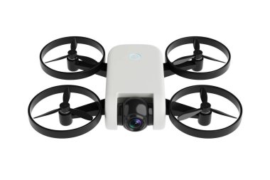 Modern Teknoloji ve Hava Fotoğrafçılığı Konsepti. Kamera ve siyah pervaneli beyaz arka planda izole edilmiş Beyaz Quadcopter Drone. 3d Hazırlama