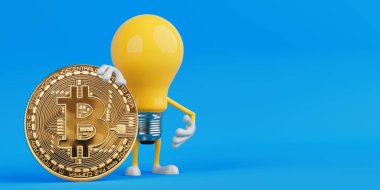 Kripto Para ve Yenilik Konsepti. Sarı Ampul Karakteri Mavi Arkaplanda Bitcoin Para Tutuyor. 3d Hazırlama
