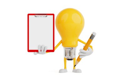 Planlama ve Yaratıcı Düşünce Konsepti. Sarı Ampul Karakteri Pano Tutuyor ve Beyaz Arkaplanda Kalem Var. 3d Hazırlama