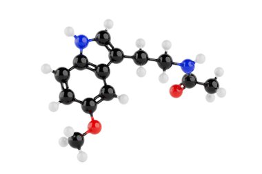 Kimya Bilimi Konsepti. Renkli Melatonin Moleküler Yapı Modeli ve Beyaz Arkaplanda Bağlı Atomlar. 3d Hazırlama