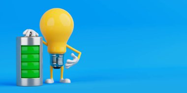 Enerji Verimliliği ve Güç Konsepti. Sarı Ampul Karakteri mavi arka planda şarjlı pille ayakta duruyor. 3d Hazırlama