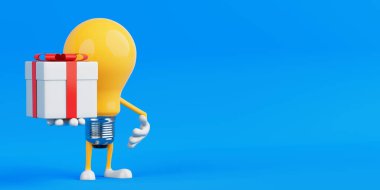 Yaratıcı Hediye Fikri. Sarı Ampul Karakteri Mavi Arkaplanda Kırmızı Kurdeleli Hediye Kutusu. 3d Hazırlama