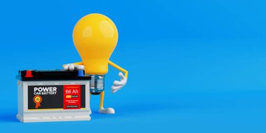 Enerji ve Güç Kaynakları Konsepti. Sarı Ampul Karakteri mavi arka planda araba aküsünün yanında duruyor. 3d Hazırlama