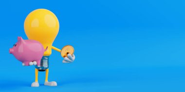 Akıllı Mali Planlama Konsepti. Ampul Karakterinde Domuz Kumbarası ve Mavi Arkaplanda Altın Para Var. 3d Hazırlama