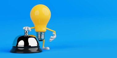 Müşteri hizmetleri konsepti. Sarı Çizgi Film Ampul Karakteri Mavi Arkaplanda Gümüş Servis Çanı 'na Basıyor. 3d Hazırlama