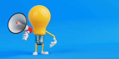 Yaratıcı İletişim Konsepti. Sarı Ampul Karakteri Mavi Arkaplanda Megafon Tutuyor. 3d Hazırlama