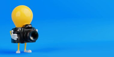 Yaratıcılık ve Fotoğraf Konsepti. Sarı Çizgi Film Ampul Karakteri Mavi Arkaplanda Siyah Dijital Kamera Tutuyor. 3d Hazırlama