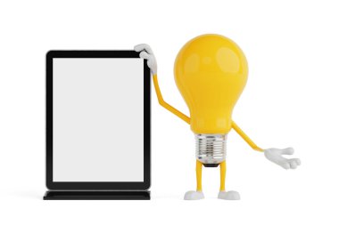 Teknoloji ve Sunum Konsepti. Beyaz arka plandaki boş dijital dokunmatik büfenin yanında duran sarı çizgi film ampul karakteri. 3d Hazırlama