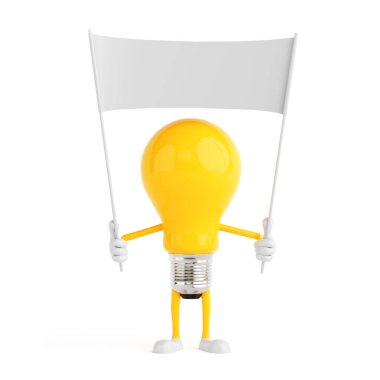 İletişim ve Mesaj Kavramı. Sarı çizgi film karakteri beyaz arka planda boş beyaz bayrak taşıyor. 3d Hazırlama