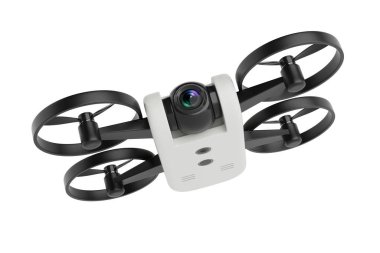 Modern Teknoloji ve Hava Fotoğrafçılığı Konsepti. Kamera ve siyah pervaneli beyaz arka planda izole edilmiş Beyaz Quadcopter Drone. 3d Hazırlama