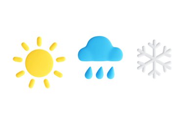 Hava tahmini konsepti. Çizgi film Sun, Yağmur Bulutu ve Beyaz Arkaplanda Kar Tanesi Simgesi. 3d Hazırlama