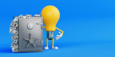 Mali Güvenlik ve Tasarruf Fikri. Mavi arka planda dolar banknotları olan çelik bir kasanın yanında duran ampul karakteri. 3d Hazırlama