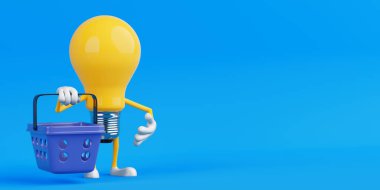 Yaratıcı Alışveriş Konsepti. Ampul Karakteri Mavi Arkaplanda Mavi Alışveriş Sepeti Tutuyor. 3d Hazırlama