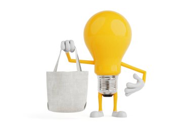 Eco Friendly Alışveriş Konsepti. Sarı Ampul Karakteri, Beyaz Arkaplanda Kumaş Taşıma Çantası Tutuyor. 3d Hazırlama