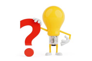 Merak ve Sorgu Konsepti. Ampul Karakterinin Beyaz Arkaplanda Büyük Kırmızı Soru İşareti Var. 3d Hazırlama