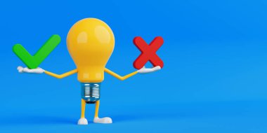 Olumlu ve olumsuz seçimlerle karar verme kavramı. Ampul Karakteri, Mavi Arkaplanda Kontrol ve Çapraz Semboller Tutuyor. 3d Hazırlama