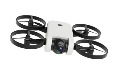 Modern Teknoloji ve Hava Fotoğrafçılığı Konsepti. Kamera ve siyah pervaneli beyaz arka planda izole edilmiş Beyaz Quadcopter Drone. 3d Hazırlama