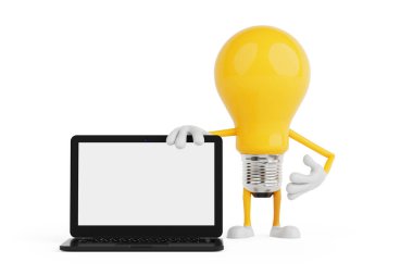 Teknoloji ve Çevrimiçi Fikir Kavramı. Sarı Ampul Karakteri Beyaz Arkaplanda Boş Ekran Dizüstü Bilgisayarıyla Duruyor. 3d Hazırlama