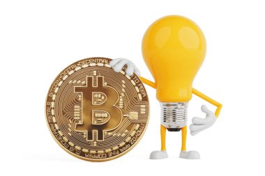 Kripto Para ve Yenilik Konsepti. Sarı Ampul Karakteri Beyaz Arkaplanda Bitcoin Para Tutuyor. 3d Hazırlama