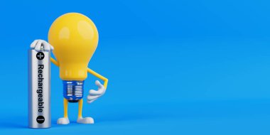 Enerji Tasarruf ve Şarj Konsepti. Sarı Ampul Karakteri mavi arka planda şarj edilebilir pille ayakta duruyor. 3d Hazırlama
