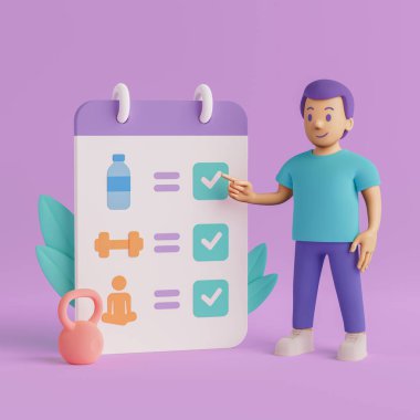 Sağlıklı Yaşam Tarzı ve Fitness Planlama Konsepti. Su, egzersiz ve meditasyon ikonlarıyla kontrol listesine bakan çizgi film karakterleri mor arka planda. 3d Hazırlama