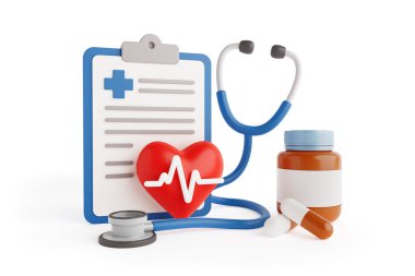 Sağlık ve Tıbbi Tedavi Konsepti. EKG hattı, steteskop, haplar ve beyaz arka planda pano olan kalp. 3d Hazırlama