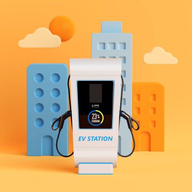 Çevre dostu ulaşım konsepti. Şehir binalarının önünde kablolu kablolu yayın yapan elektrikli taşıt şarj istasyonu. 3d Hazırlama