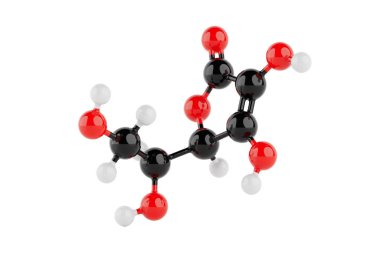 Kimya Bilimi Konsepti. Renkli C Vitamini Moleküler Yapı Modeli, Beyaz Arkaplanda Bağlı Atomlar. 3d Hazırlama