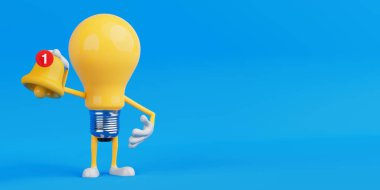 Uyarı Uyarısı Konsepti. Sarı Ampul Karakteri, mavi arka planda kırmızı rozetli bir çan tutuyor. 3d Hazırlama