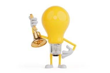 Dikkat ve Alarm Konsepti. Sarı Ampul Karakteri, Beyaz Arkaplanda Altın El Zili Tutuyor. 3d Hazırlama