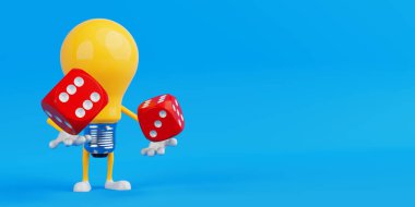 Risk Yönetimi Konsepti. Sarı Ampul Karakteri Mavi Arkaplanda İki Kırmızı Zar Tutuyor. 3d Hazırlama