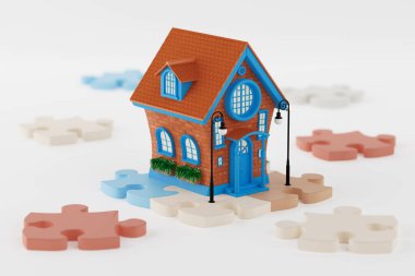 Emlak Stratejisi Konsepti. Beyaz arka planda duran küçük kırmızı tuğlalı ev. 3d Hazırlama