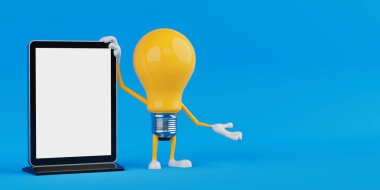 Teknoloji ve Sunum Konsepti. Mavi Arkaplanda, boş dijital dokunmatik kiosk 'un yanında duran sarı çizgi film ampul karakteri. 3d Hazırlama