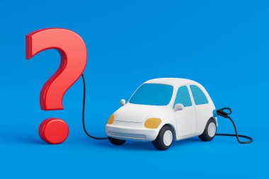 Elektrikli Araç Soru Konsepti. Mavi arka planda kırmızı soru işaretine takılmış elektrikli araba çizgi filmi. 3d Hazırlama