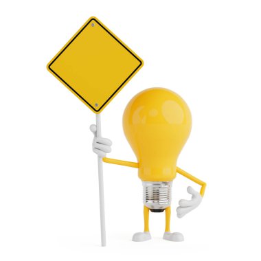 Tedbir ve farkındalık kavramı. Sarı çizgi film karakteri beyaz arka planda boş uyarı levhası taşıyor. 3d Hazırlama