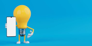 Mobil Teknoloji Konsepti. Sarı Çizgi Film Ampul Karakteri Akıllı Telefonu Mavi Arkaplanda Boş Ekran ile Tutuyor. 3d Hazırlama