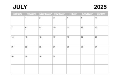 Beyaz arka planda Temmuz 2025 Aylık Takvim Planlayıcı Şablonu. 3d Hazırlama