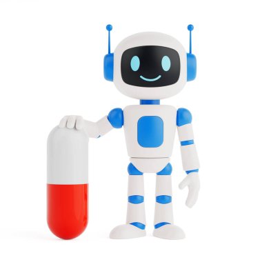 Sağlık Teknolojisi İnovasyon Konsepti. Gülümseyen yapay zeka robotu beyaz arka planda büyük kırmızı kapsülle duruyor. 3d Hazırlama