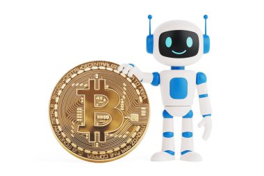 Kripto Para İnovasyon Konsepti. Beyaz ve Mavi Ai Robot, Beyaz Arkaplanda Dev Bitcoin Sembolü Tutuyor. 3d Hazırlama