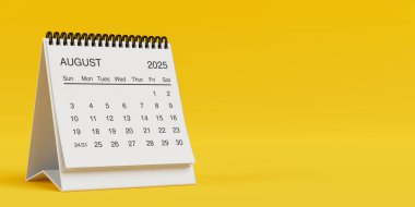 Beyaz Masa Aylık Ağustos 2025 İş Takvimi sarı arka planda. 3d Hazırlama