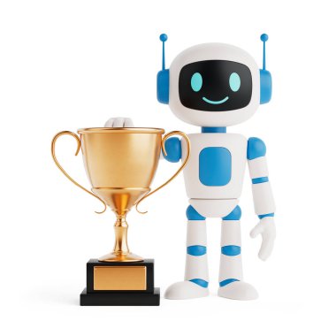 Başarı ve takdir kavramı. Gülümseyen yapay zeka robotu, Beyaz Arkaplanda Altın Şampiyon Ödülü 'nün yanında duruyor. 3d Hazırlama