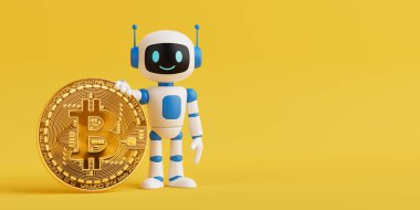 Kripto Para İnovasyon Konsepti. Şirin Beyaz ve Mavi Ai Robot Sarı Arkaplanda Dev Bitcoin Sembolü Tutuyor. 3d Hazırlama