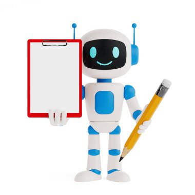 Eğitim, Organizasyon ve Üretim Konsepti. Şirin yapay zeka robotu pano tutuyor ve beyaz arka plana yazmaya hazır kalem. 3d Hazırlama