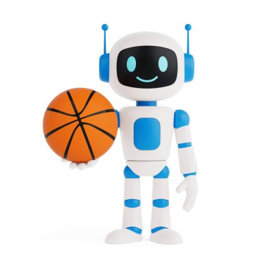 Spor ve Aktivite Konsepti. Dost canlısı AI Robot Beyazların Arkasında Basketbol Topu Tutuyor. 3d Hazırlama