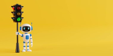 Güvenlik ve Seyrüsefer Konsepti. Sevimli dost canlısı yapay zeka robot maskotu sarı arka planda trafik ışığıyla ayakta duruyor. 3d Hazırlama