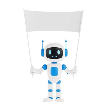 İletişim ve Mesaj Kavramı. Sevimli dost canlısı yapay zeka maskot elinde beyaz arka planda beyaz bayrak var. 3d Hazırlama
