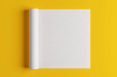 Yaratıcı Tasarım Şablon Konsepti. Beyaz yuvarlanmış, parlak sarı arka planda beyaz kağıt çarşaf. 3d Hazırlama