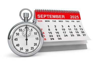 2025 Eylül Takvimi 'nde Stopwatch beyaz arka planda. 3d oluşturma